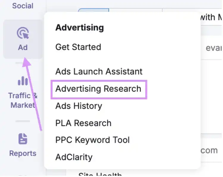 Advertising Research menu option in Semrush Social and Traffic and Marketing