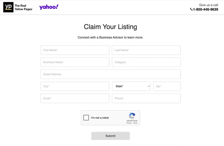 Page allows you to fill out more details to connect with a Yahoo Business Advisor.