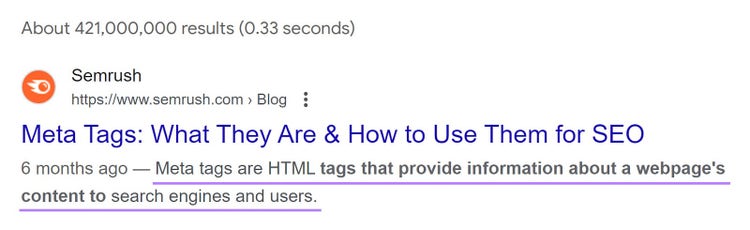 Meta description of the first result in Google Search Engine Results Page.