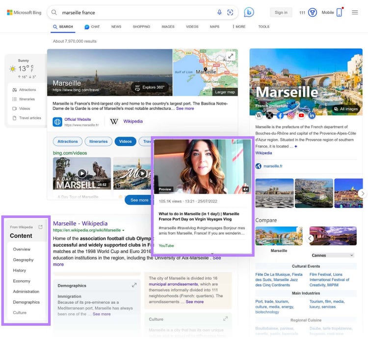 Bing’s search results features