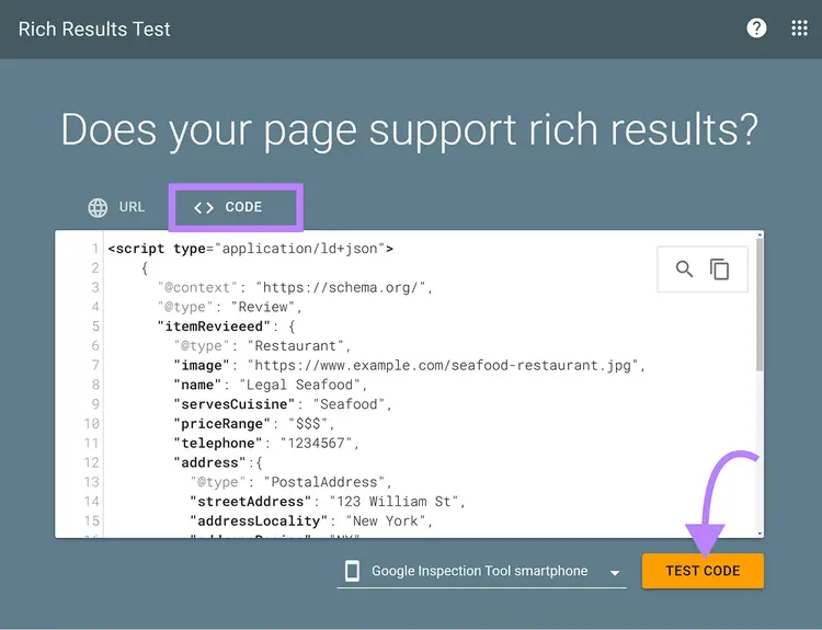 Rich Results Test page with Code tab selected, code snippet pasted, and arrow pointing to Test Code button