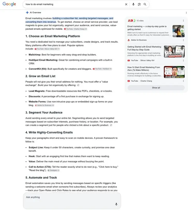 Google SERP for the term "how to do email marketing" with a detailed AI Overview response as the top result.