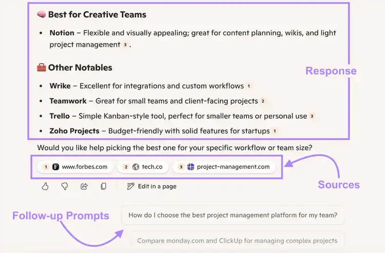 Bing's CoPilot response includes sources and follow-up prompts.