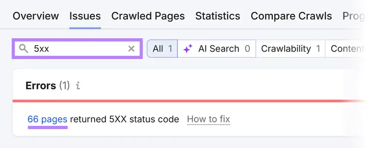 Semrush Site Audit showing 66 pages returning a 5XX status code