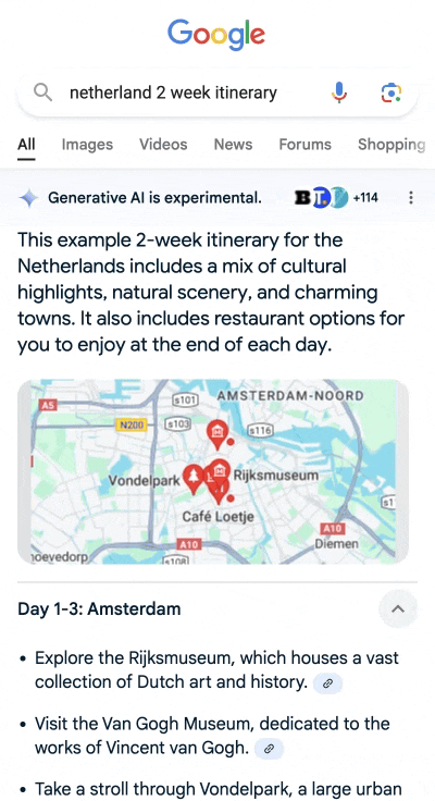 Google search showing AI result for Netherlands 2-week itinerary with map