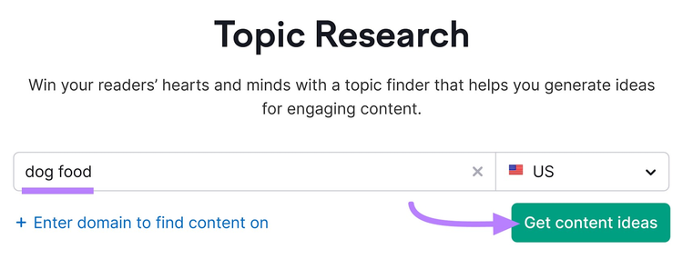 search for "dog food" in Topic Research tool