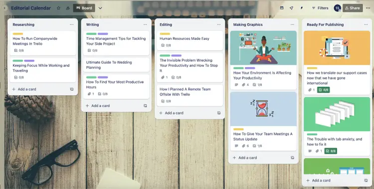 Trello content calendar example has content organized as cards in columns such as researching, writing, editing, graphics, and ready for publishing