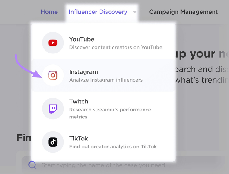 “Influencer Discovery” drop-down menu