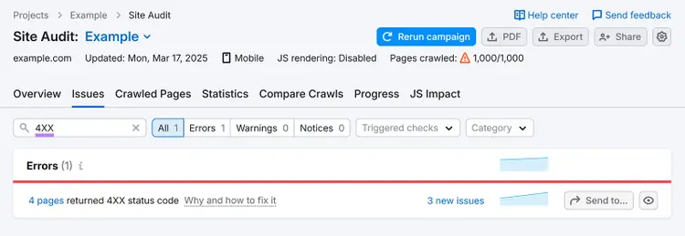 Semrush Site Audit Issues page with '4xx' in search bar and errors section showing 4 pages returned 4xx status code row