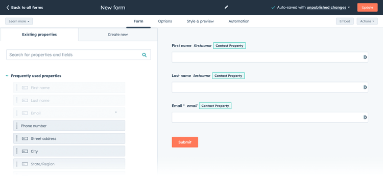 HubSpot Marketing Hub's drag-and-drop form builder