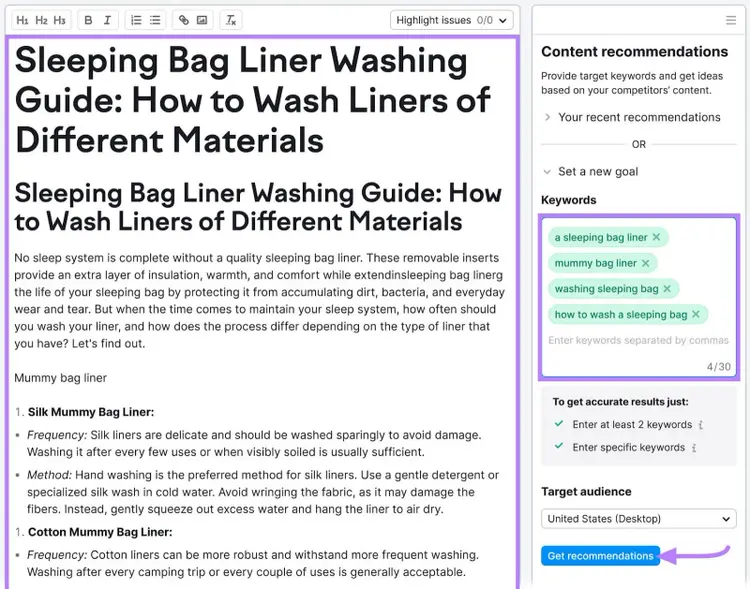 An article and "Keywords" entered into the SEO Writing Assistant editor
