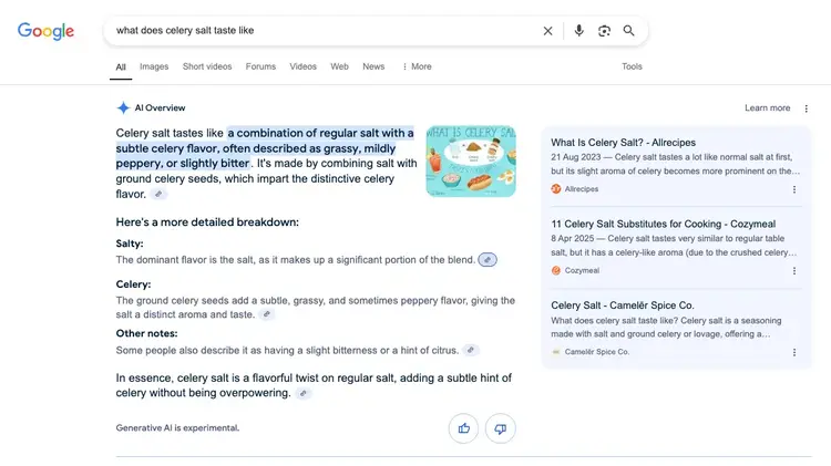 Google AI Overview showing celery salt description and taste profile with sourced information and related recipe snippets