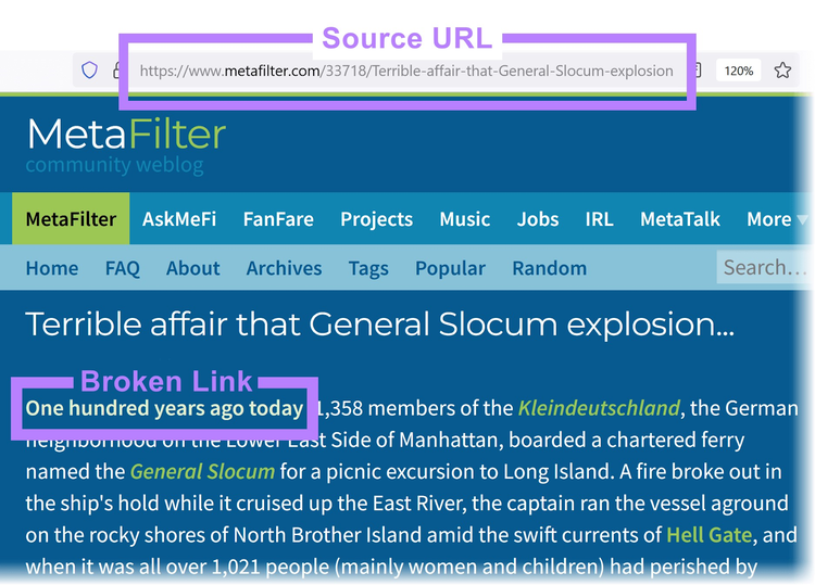 broken link highlighted in opened source URL
