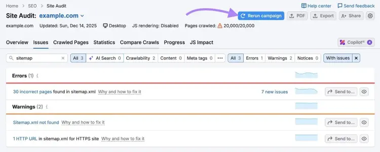 Site Audit Issues with the "Rerun campaign" button clicked.