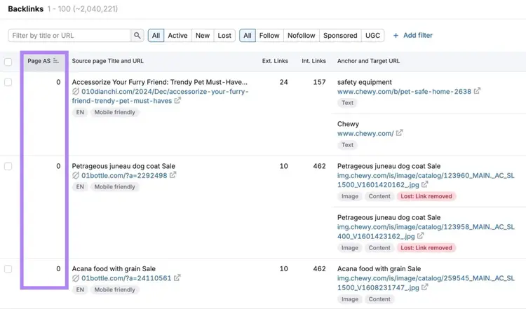 Backlinks report showing a list of backlinks sorted by authority score.