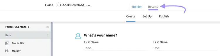 “Results” section in Lead Generation Forms app