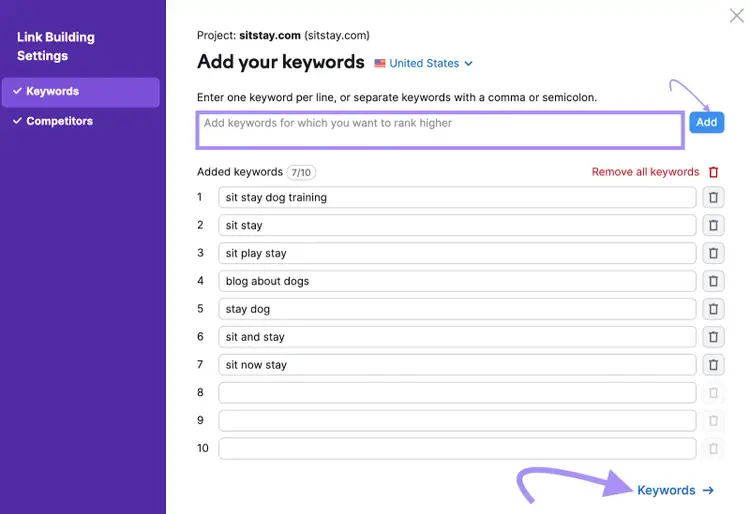 "Add your keywords" window in Link Building Tool settings
