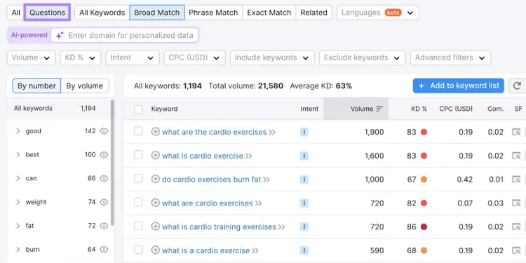 "Questions" keywords filter highlighted