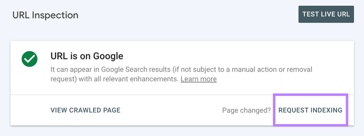 request indexing button highlighted
