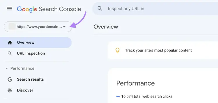 Google Search Console dashboard with arrow pointing to domain property selection menu.
