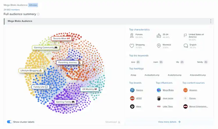 Mega Bloks Audience Intelligence showing clusters with 35.34% female