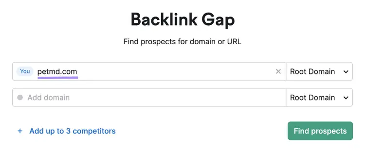 "petmd.com" entered into the first search bar in Backlink Gap tool