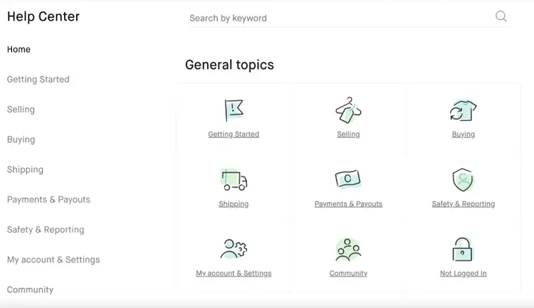 Vinted’s Help Center with "General topics" page opened