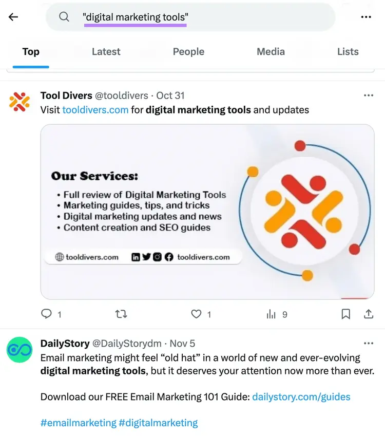 Results for "digital marketing tools" query on X