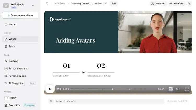 Synthesia interface showing an example of an AI-generated video for a PR campaign.