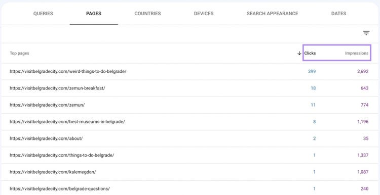 “Pages” tab in Google Search Console