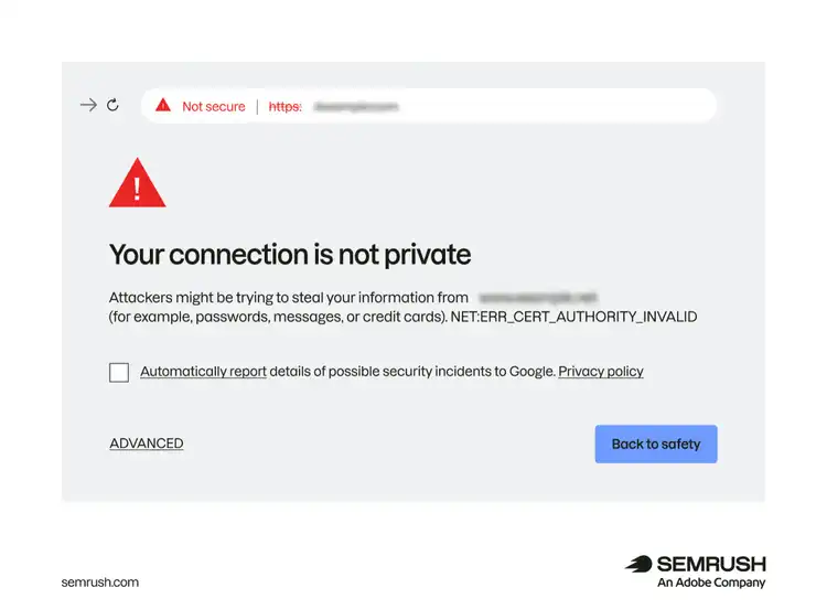 Browser security warning showing an invalid SSL certificate and non-private connection error