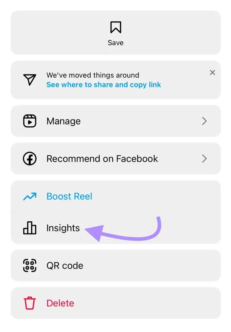 “Insights” selected from the reels menu