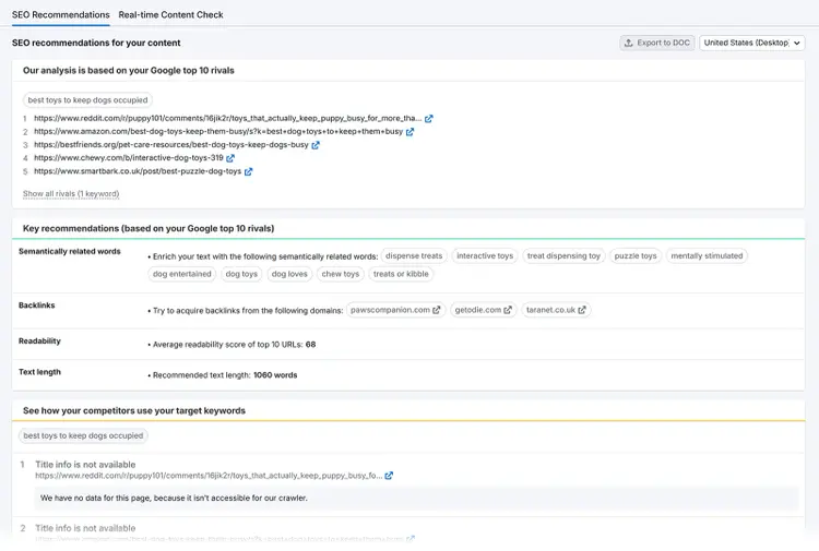 Semrush SEO recommendations showing rival URLs, related keywords, backlink suggestions, and ideal text length.