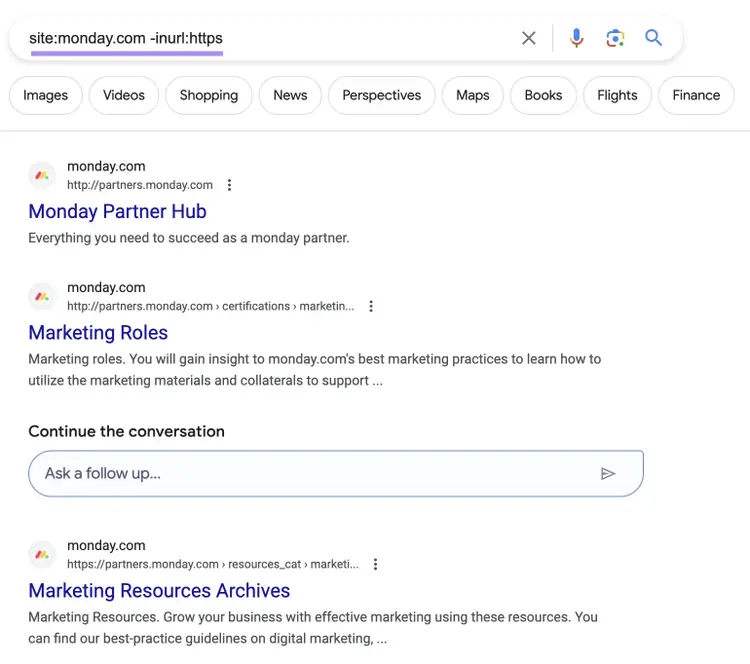 Google's SERP for "site:monday.com -inurl:https" search query