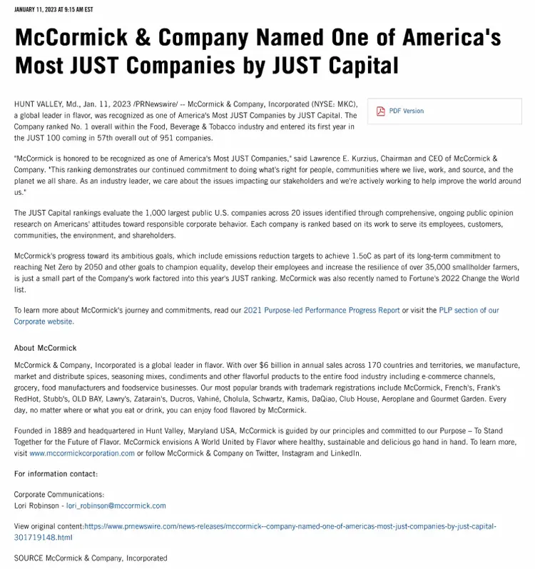 An example of McCormick & Company's press release