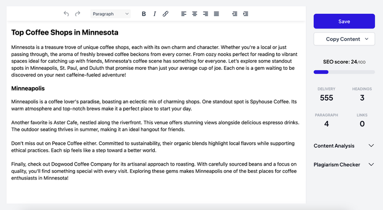 an AI generated blog post about top coffee shops in Minnesota