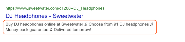 Sweetwater DJ Headphones search result with music note emojis in meta description