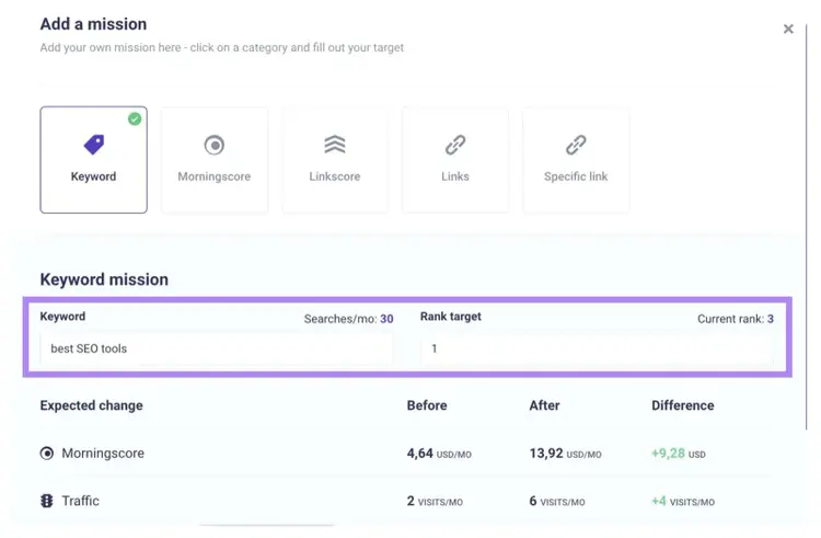 The "Add a mission" window on Morningscore with the keyword mission highlighted.