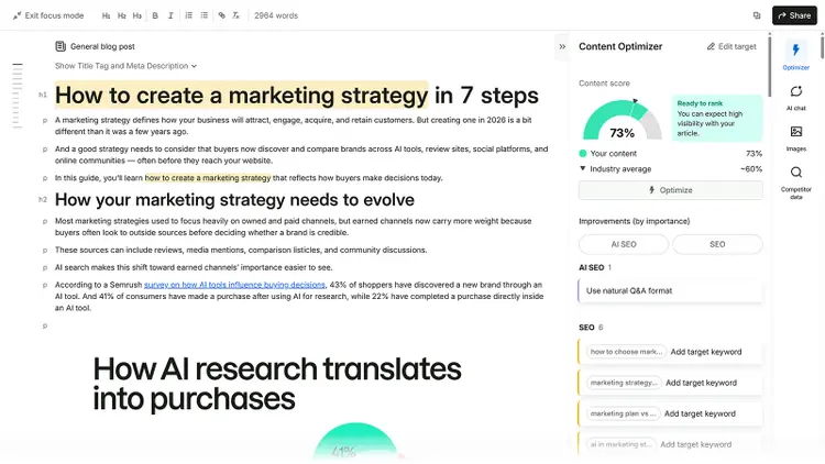 Semrush Content Optimizer editor showing a 73% content score and AI SEO and SEO improvement suggestions