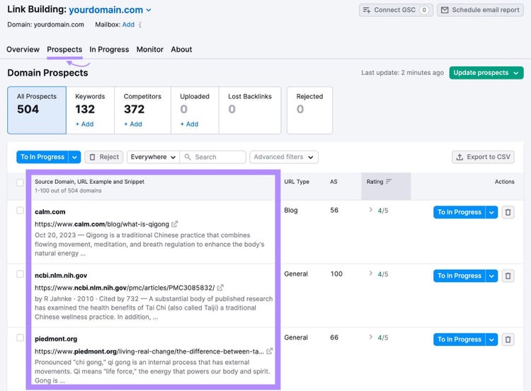 "Prospects" table in Link Building Tool