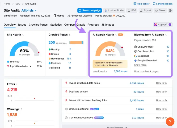 AI Search Health and a list of blocked AI crawlers highlighted on the Site Audit overview report.