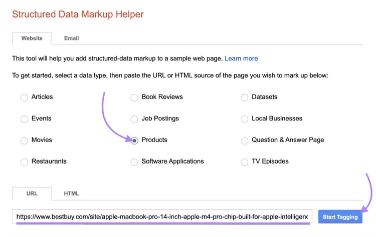 Google Structured Data Markup Helper with product data type selected and URL input field for tagging product information