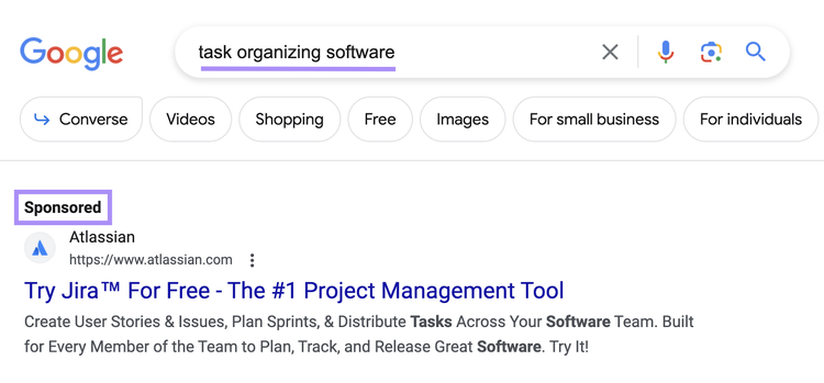 A PPC ad on Google for the term "task organizing software" has a "sponsored" label