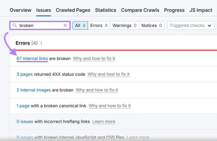 Site Audit Issues tab with 'broken' in search box and arrow pointing to 67 internal links are broken error