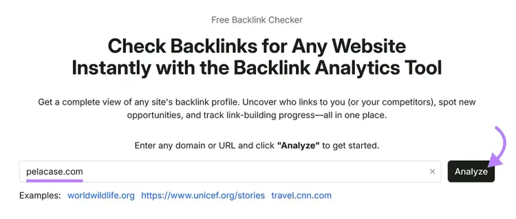 Semrush Backlink Analytics tool with pelacase.com entered for backlink analysis