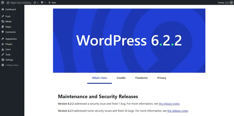 WordPress 6.2.2 release page with maintenance and security updates information