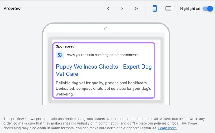 A responsive search ad example