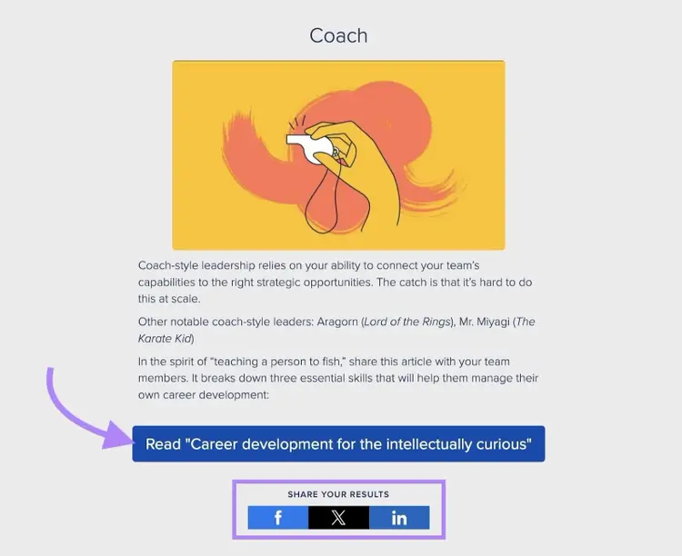 The personalized results of a quiz, by Atlassian, showing a CTA to another resource on the website and an option to share the results.