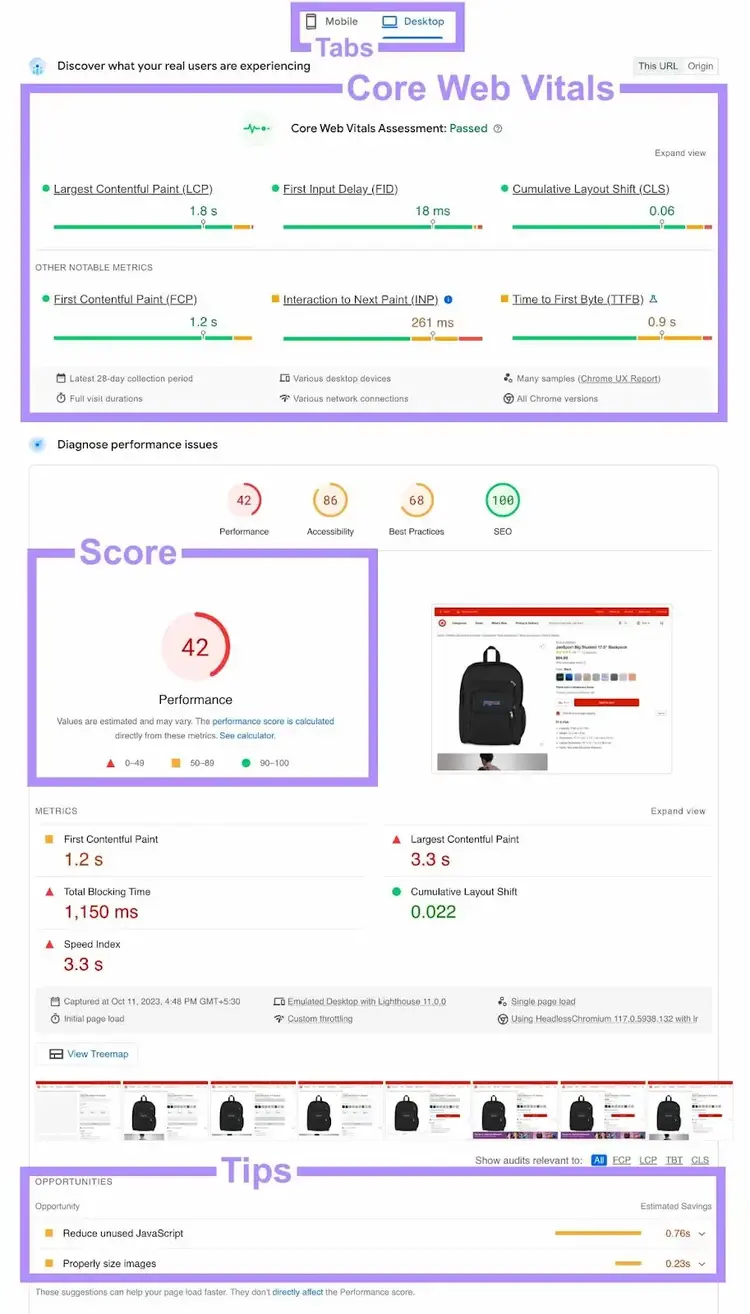 PageSpeed Insights report dashboard