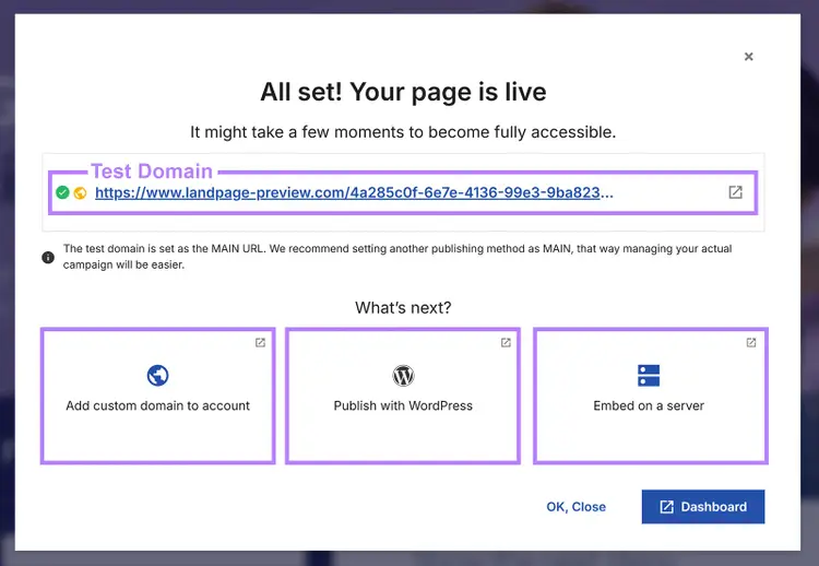 Popup showing test domain URL and publishing options highlighted